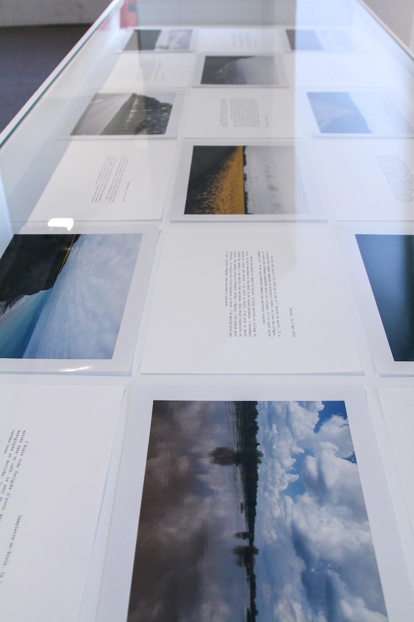 Kyoko Kasuya - Vue de l’exposition solo *STALKER Avant que ça n’arrive* , Installation de 6 photographies avec 6 textes sur le présentoir, Galerie du département art plastique de l’Université Paris 8, Saint-Denis, FR (2014)
<br>Suite à l’accident de la centrale nucléaire de Fukushima en mars 2011, la famille de Kyoko Kasuya a conseillé à l’artiste de ne pas revenir vivre au Japon mais de rester en France. Elle a commencé à s’interroger sur l’irréversibilité et l’impossibilité de vivre sur le territoire de Fukushima à cause de la radioactivité. Elle s’est demandé si les villages autour des centrales nucléaires en France pouvaient être des parallèles pour comprendre la vie menée avant l’accident au Japon. Elle a donc visité 12 villages français accueillant des centrales nucléaires comme Fessenheim et Chinon. Les photographies et les textes qu’elles a produits, décrivent ce qu’il s’y passe à travers ses propres expériences. 
<br>Kasuya a discrètement enlevé certains mots dans les textes et aucune image ne montre de centrale nucléaire. Elle considère que c’est ainsi que les habitants vivent autour de cet environnement : ils ont conscience qu’il y a un danger mais ce dernier reste toujours invisible.